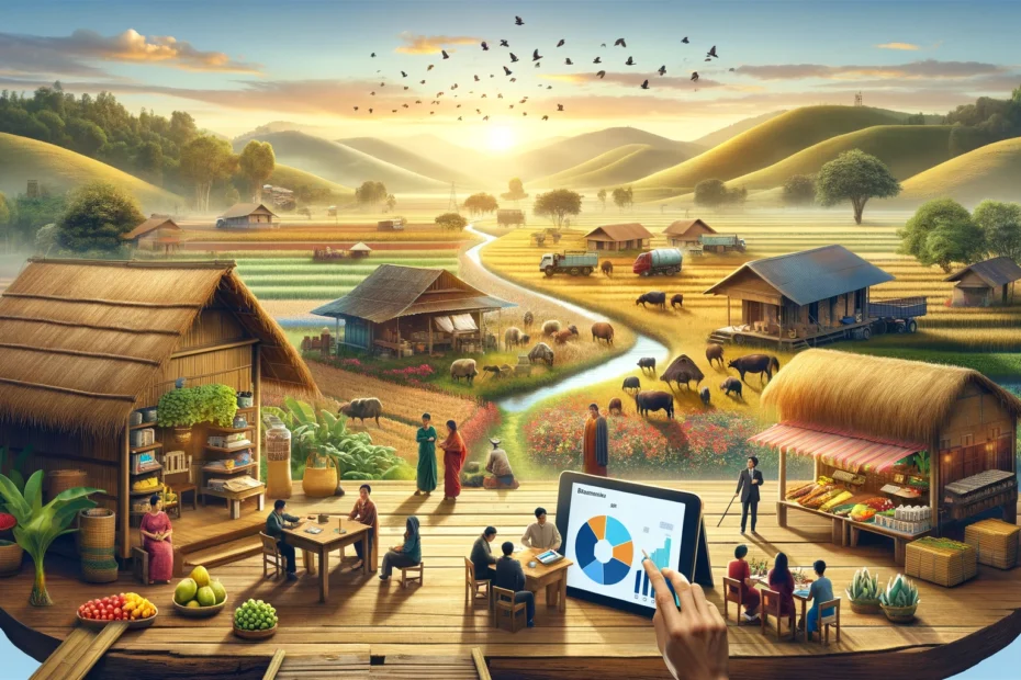 a wide landscape format image that visually represents the essence of rural marketing, with a focus on the challenges and opportunities in rural marketing