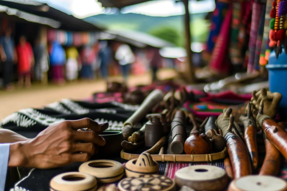 This-image-focuses-on-a-close-up-view-within-a-rural-market-highlighting-the-intricate-details-of-handcrafted-products-such-as-pottery-textiles-and-more