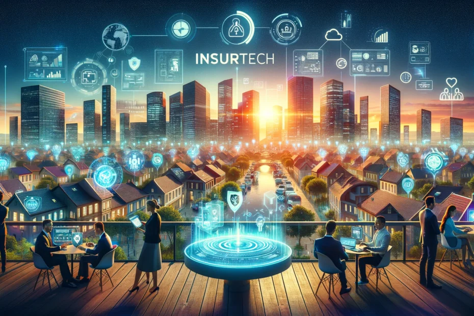 a landscape image for a blog feature that encapsulates the essence of Insurtech's impact on the insurance industry, with the word 'Insurtech'